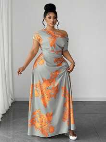 SHEIN CURVE+ Vestido casual de vacaciones con estampado floral, cintura fruncida y abertura en el hombro para tallas grandes - Multicolor - Ver 5
