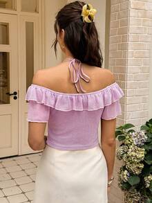 Franclia Áo kiểu nữ màu trơn, viền bèo nhún, thắt nơ phía trước, thời trang. - Màu tím - Xem 2