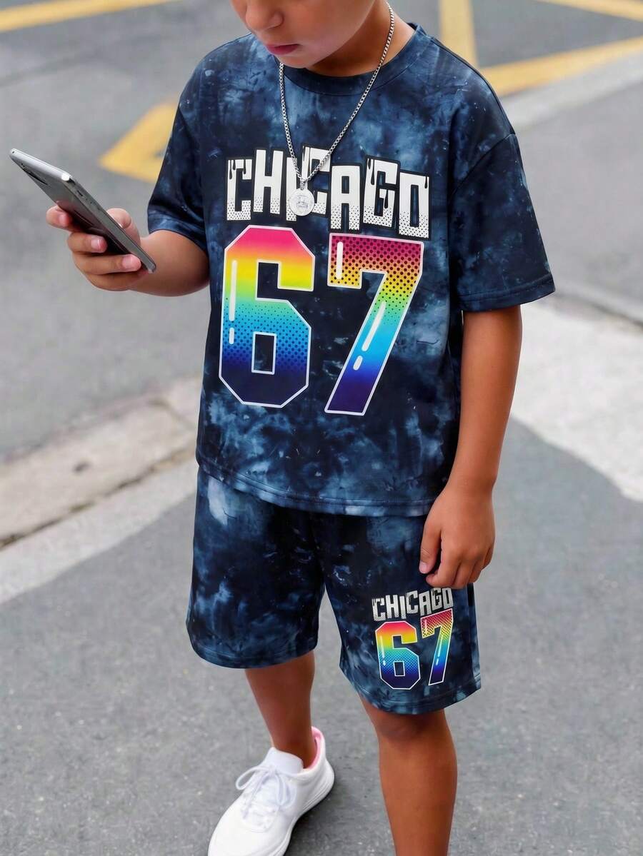 SHEIN Bộ 2 món đồ dành cho bé trai/thiếu niên, phong cách đường phố năng động, nhuộm tie-dye tối giản, in hình số 67, tay ngắn, cổ tròn, thích hợp đi làm, đi học, mặc thường ngày, chơi thể thao, mùa xuân/hè. - Màu xanh lam - Xem 1