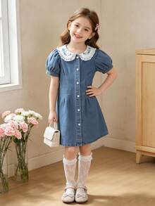 Genkimix Kids Đầm denim cho bé gái với cổ áo Peter Pan - Rửa trung bình - Xem 6