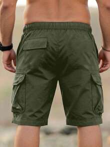 Manfinity Homme Celana Pendek Kargo Pria Ukuran Besar untuk Musim Panas, Longgar, dengan Kantong Samping dan Penutup, Cocok untuk Liburan. - Hijau Tentara - View 2