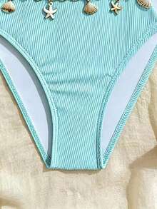 SHEIN Tween Girls Seashell Decor Halter Bikini Sets, Delicate & Elegant, Vacation Vibe - Green - View 2