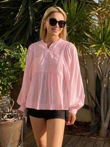 DAZY Women's Casual Embroidered Patchwork Lantern Sleeve Loose Blouse For Summer Holiday - Pink - View 3