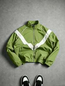 PAVTROS Men's Stand Collar Contrast Color Zip-Up Jacket Football - Olive Green - View 3