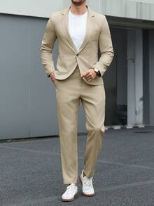 Manfinity Mode Conjunto de traje formal para hombre con blazer de cuello de solapa & pantalones, formal de primavera/verano, ceremonia - Caqui - Ver 5