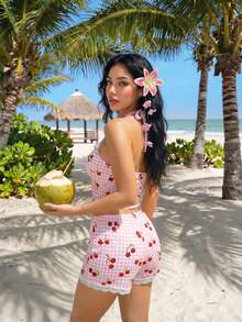 Sweetina 两件套黄色连体衣沙滩领露背撞色格纹印花背心和低腰短裤套装 - 粉色 - 查看 2