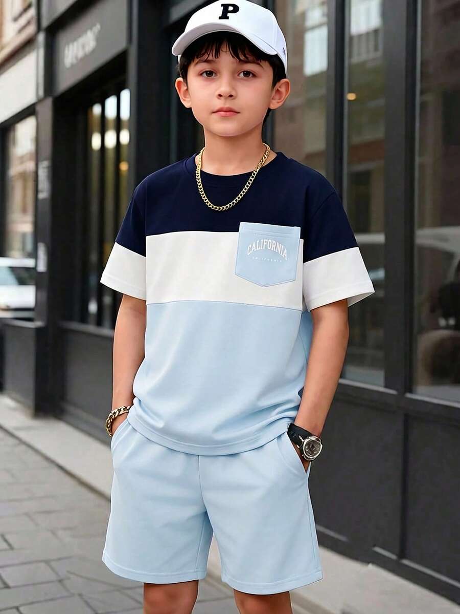 Vacaura 2pcs/Set Boys' Casual Colorblock Round Neck T-Shirt Set, Comfortable And Fashionable For Daily, School, And Sports Wear - Multicolor - View 1
