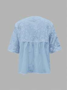 INAWLY Plus Size Floral Textured Casual Solid Color Shirt Fall - Blue - View 2