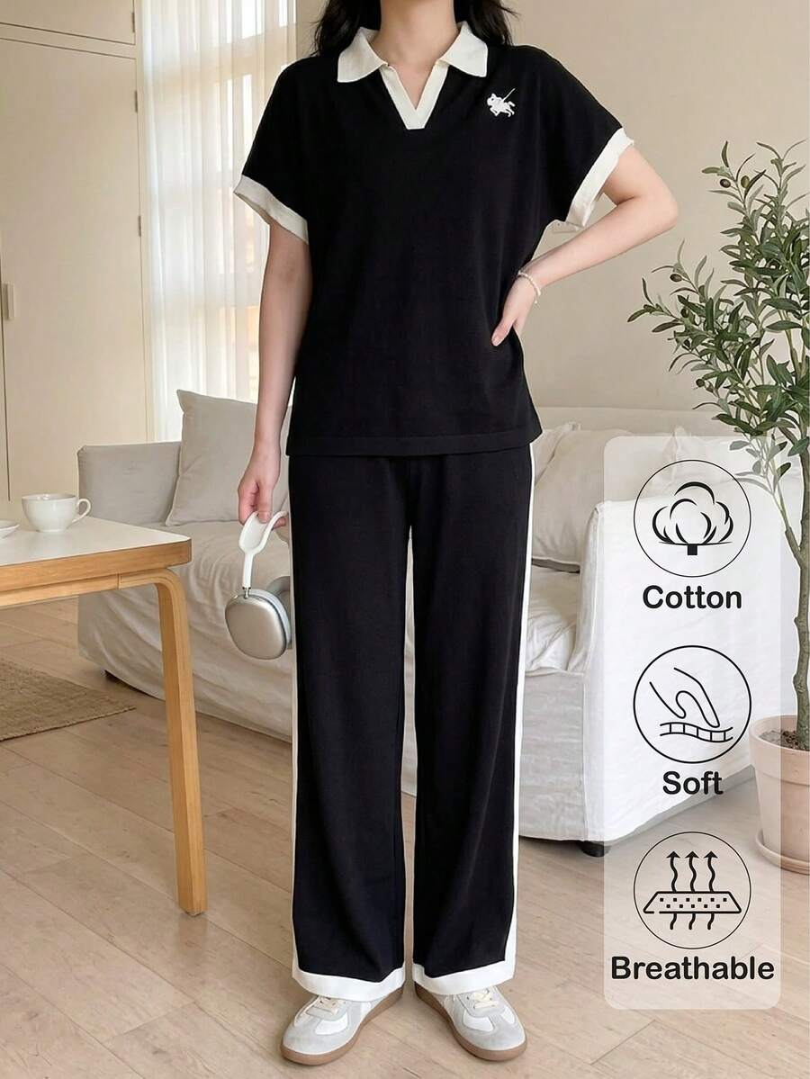 Bộ đồ thường ngày đa năng màu đen trắng phối hợp cho nữ tuổi teen, cổ tròn, áo thun không tay viền tương phản và quần ống rộng dệt kim.
