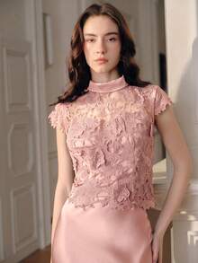 Anewsta Áo croptop nữ không tay cổ ren màu xanh hải quân thanh lịch, gợi cảm, khoét lỗ - Hồng - Xem 5