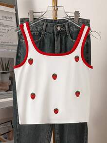 Tween Girl Contrast Trim Sleeveless Wide Strap U-Neck Casual Tank Top, Summer - Multicolor - View 2