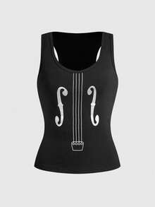 ROMWE Grunge Punk Áo tank top ôm sát kiểu racerback in hình đàn violin punk phong cách lễ hội mùa hè - màu đen - Xem 1