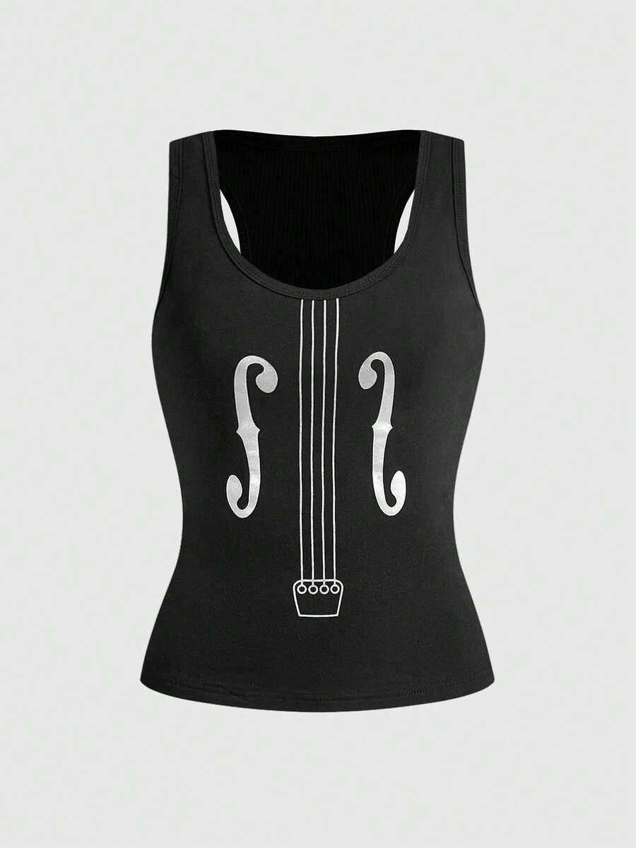 ROMWE Grunge Punk Áo tank top ôm sát kiểu racerback in hình đàn violin punk phong cách lễ hội mùa hè - màu đen - Xem 1