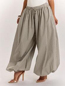 SHEIN BAE Quần ống rộng dáng suông kẻ caro phong cách retro thường ngày dành cho nữ, có thắt lưng. - Màu Khaki - Xem 4