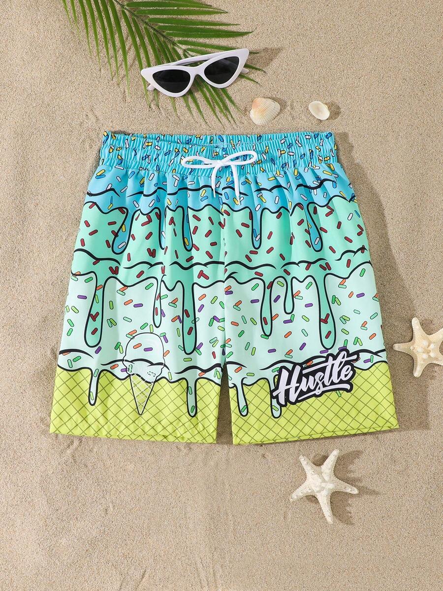 SHEIN Quần short đi biển dành cho bé trai tuổi teen, in chữ, cạp chun. - Nhiều màu - Xem 1