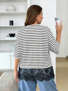 SHEIN LUNE Plus Size Women Black And White Stripe Round Neck Casual Short Sleeve T-Shirt Clothes For Ladies Top Clothing New Arrivals Day Summer Travel - Black and White - View 2