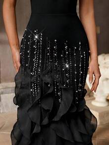 Aureia Women's Elegant Black Luxury 3D Beaded Sequins Mermaid Dress,High Waist Asymmetrical Exaggerated Ruffled Hem Side Slit Formal Evening Gown - Black - View 8