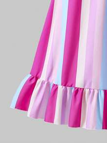 ChillGRL Girls' Rainbow Striped Colorblock Vacation Floral Print Spaghetti Strap Ruffle Hem Casual Dress - Multicolor - View 5