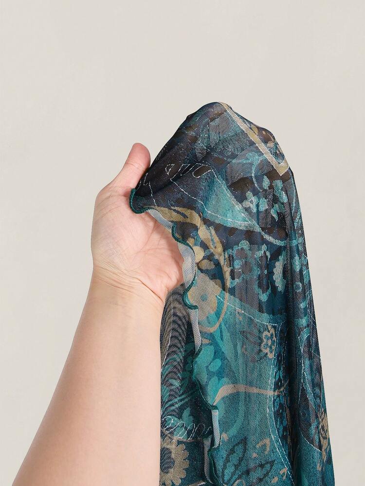 SHEIN ICON Áo kiểu nữ cỡ lớn in họa tiết Paisley, thắt nơ phía trước, thích hợp cho kỳ nghỉ và đi biển. - Màu xanh lam - Xem 10