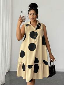 Maweii Vestido corto sin mangas holgado con cuello de camisa, estampado de lunares negros sobre base color albaricoque, para mujer de talla grande - Albaricoque - Ver 3