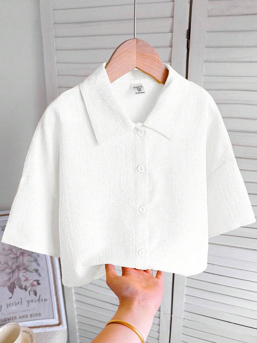 SHEIN Blusa corta casual de tejido sólido y texturado para niña preadolescente, color blanco - Blanco - Ver 1