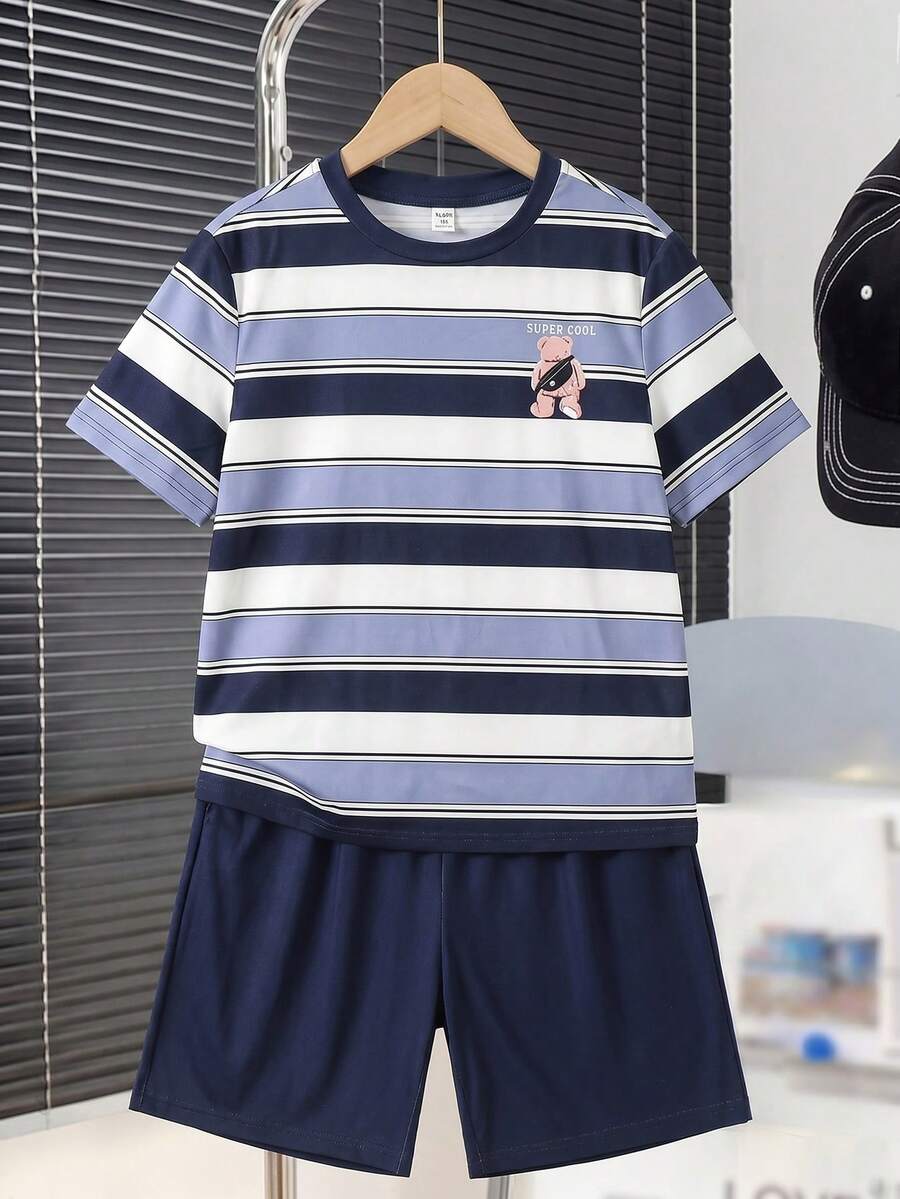 青少年男童睡衣 - 两件套夏季睡衣套装，短袖圆领条纹海军蓝上衣，可爱印花胸袋，松紧腰长裤，轻薄透气，休闲居家休闲宽松版型，柔软亲肤，2026年假日必备礼物 - 彩色 - 查看 1
