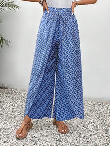 SHEIN Frenchy Allover Print Knot Waist Tulip Hem Wide Leg Baggy Cross Over Pants - Blue - View 6