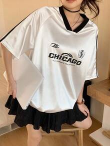 Dazy Kids Áo thun nữ tuổi teen cổ chữ V tay raglan dáng rộng in họa tiết, phong cách thường ngày, thích hợp mặc mùa hè. - trắng - Xem 1