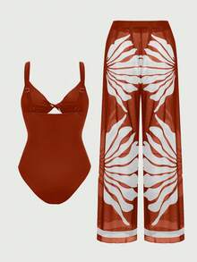 Swim Oasis Conjunto de traje de baño de una pieza con fruncido de patchwork y pantalones de pierna ancha para mujer, adecuado para vacaciones en la playa, fiesta en la piscina, fiesta en la - Burdeos - Ver 4