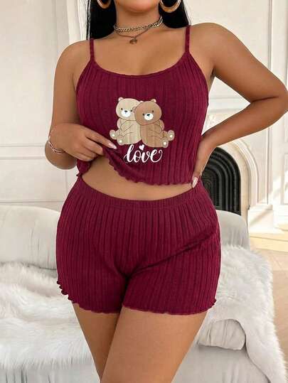 Softscene Süßer Bären-Muster Träger-Top & Shorts Pyjama Set, Große Größen