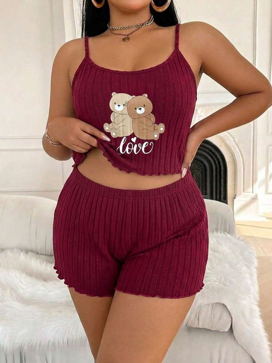 Softscene Conjunto de pijama de camiseta de tirantes y pantalones cortos con estampado de oso, talla grande - Multicolor - Ver 1