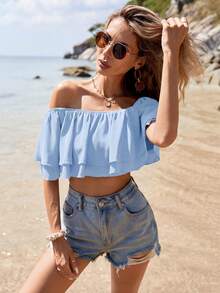 SHEIN VCAY Top corto con hombros descubiertos para vacaciones - Azul - Ver 6