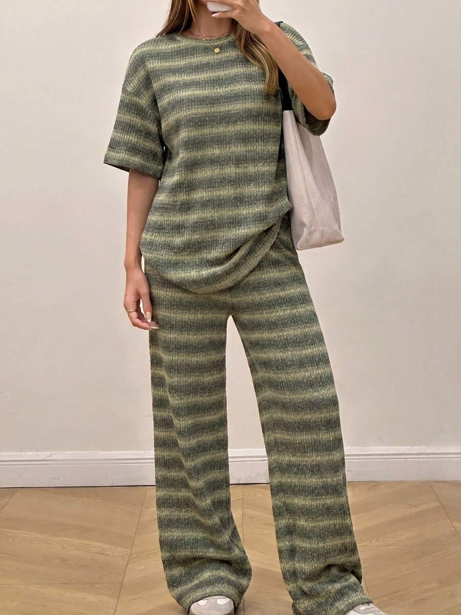SHEIN EZwear 条纹针织休闲女装两件套 - 彩色 - 查看 1