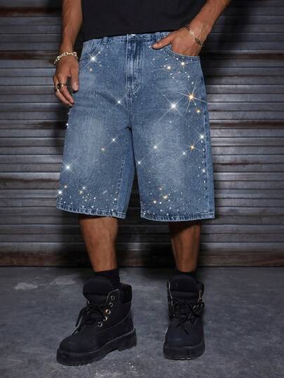 AXEPEAK Men's Light Blue Rhinestone Embellished Loose Fit Casual Shorts, Fashionable