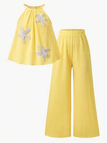 SHEIN Sparklyn 女童时尚百搭吊带背心和裤子两件套，露背纽扣设计，梭织面料，修身上衣+宽松直筒裤，适合户外穿着，夏季 - 黃色 - 查看 8