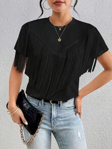 EMERY ROSE Plus Size Women Spring/Summer Casual Tassel Design T-Shirt - Black - View 3