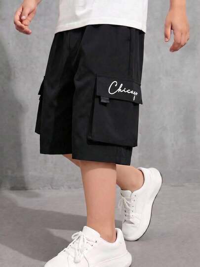 SHEIN 1 chiếc/Quần short nam dáng rộng, thoải mái, màu trơn, có túi vá, thích hợp mặc hàng ngày.