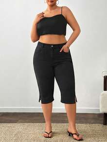 SHEIN Plus High Waist Elastic Black Bermuda Date Night Vacation Summer - Black - View 6