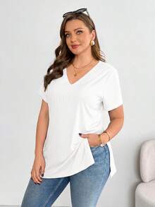 Shapeblank Women's Plus-Size White Summer Casual Everyday V-Neck Short-Sleeved T-Shirt,High-Elasticity Comfortable High-Slit Basic Versatile Curve Tops - White - View 5