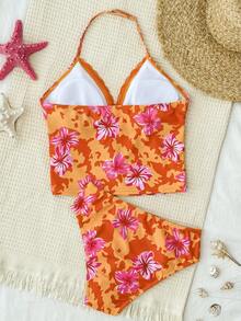 Teen Girl Summer Vacation Casual Beach Wear Tropical Floral Print Bikini Lace Trim 2-Piece Swimsuit Set - Orange - View 2