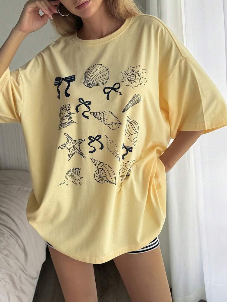 Women's Summer Round Neck Short Sleeve Printed Vacation Style Yellow T-Shirt