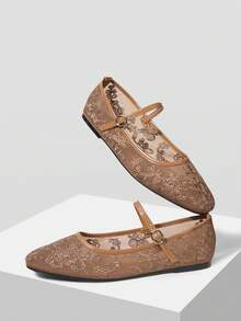 MOTF WOMEN ELEGANT VERSATILE COMMUTING VELVET FLORAL EMBROIDERY BUCKLE STRAP FLATS FOR CHRISTMAS - Light brown - View 7