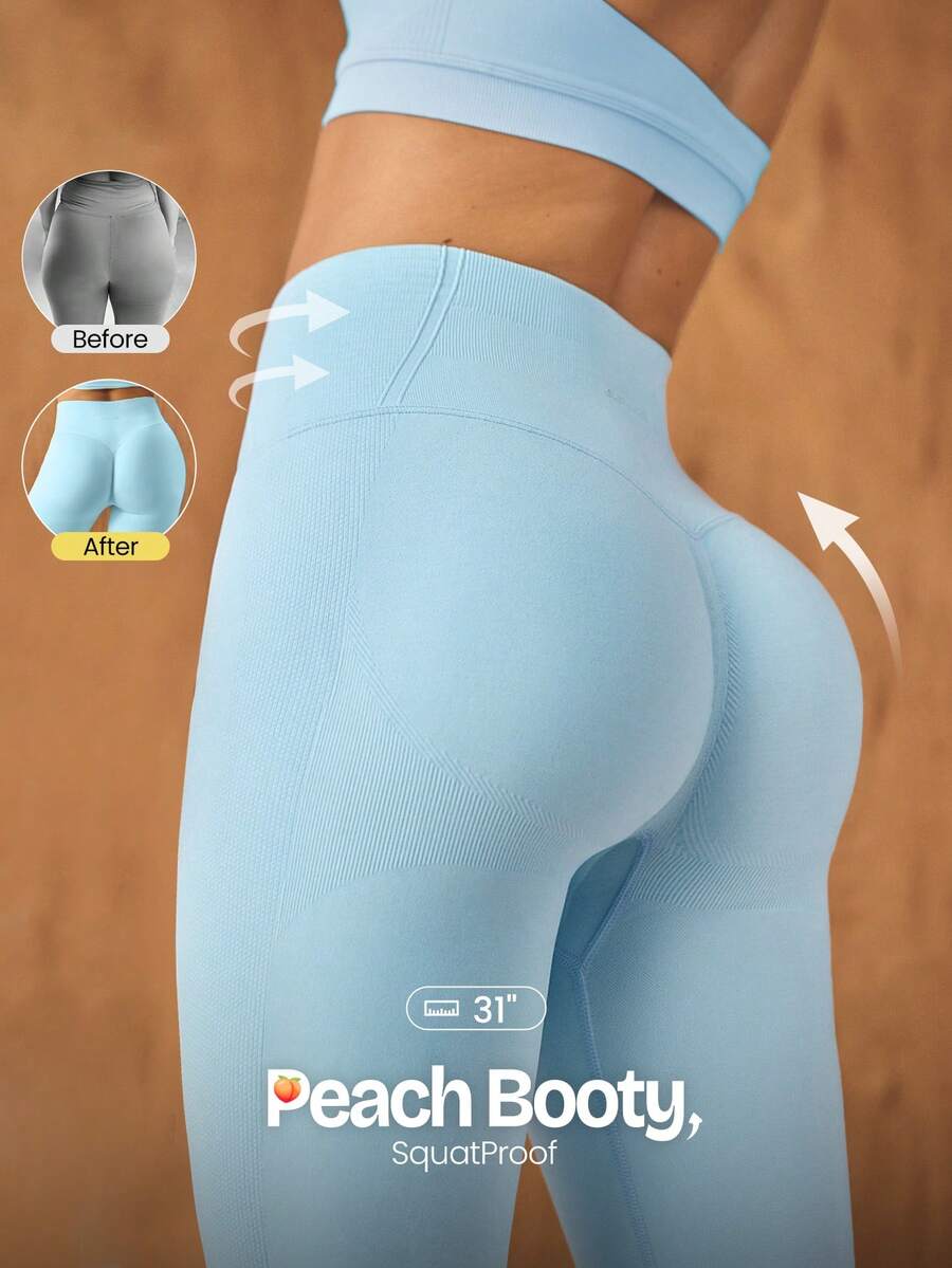 31" Ultrafine Soft Seamless SunFlow High Waist Sculpting Fit Seamless Butt Lift Compression Double Layer Coverage Flare Leggings Medium Impact Training Gym Studio Summer Wear - Blue - View 1