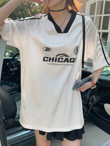 Dazy Kids Áo thun nữ tuổi teen cổ chữ V tay raglan dáng rộng in họa tiết, phong cách thường ngày, thích hợp mặc mùa hè. - trắng - Xem 4
