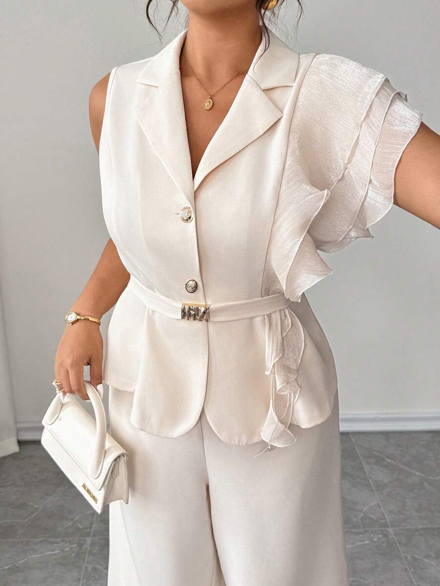 Elenzga Plus Size Women Summer Elegant 2-Piece Suit Set,White,Autumn,Basic,Office,Apricot & Champagne Ruffle One-Shoulder Jacket & Wide Leg Pants  Waist Belt - Apricot - View 1