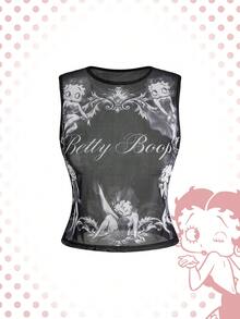 Betty Boop | ROMWE 卡通角色印花修身透視網眼圓領背心，適合夏季與校園穿著女款背心女款背心 - 黑色 - 查看 1