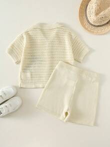 Bộ đồ đôi cho bé trai gồm áo khoác cardigan cổ polo và quần short họa tiết cây cọ, kiểu dáng thường ngày, thích hợp cho kỳ nghỉ. - Nhiều màu - Xem 3