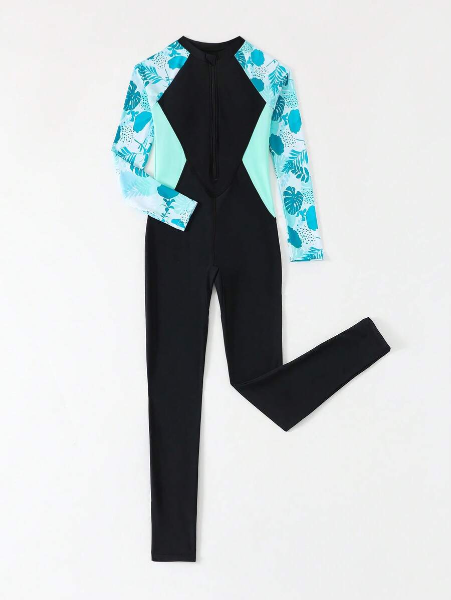 SHEIN Áo tắm liền thân tay raglan in họa tiết hoa nhiệt đới cho bé gái, khóa kéo phía trước, thích hợp cho hoạt động lướt sóng/thể thao mùa hè, bãi biển, hồ bơi và kỳ nghỉ. - Nhiều màu - Xem 1