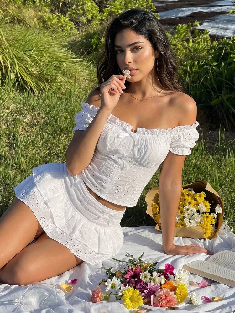 Spring & Summer French Sexy Ruffle Bow Tie Off Shoulder Crop Top + High Waist Lace Patchwork Mini Skirt 2-Piece Set For Women