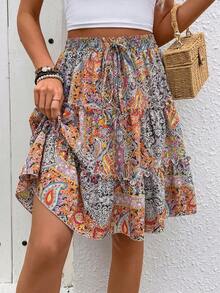 SHEIN Holidaya Chân váy ngắn xếp ly họa tiết phong cách thường ngày cho kỳ nghỉ, chân váy chữ A in họa tiết màu xanh thời trang cho mùa xuân/hè. - màu đen - Xem 3